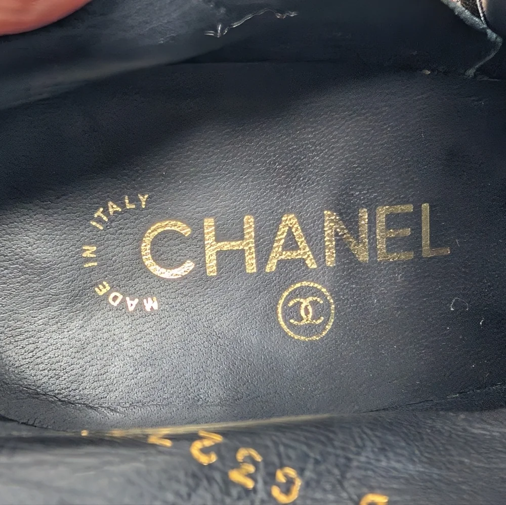 Chanel Cap Toe Pearl Stiletto Heel Black Ankle Boots Celebrity CC Logo Size 37